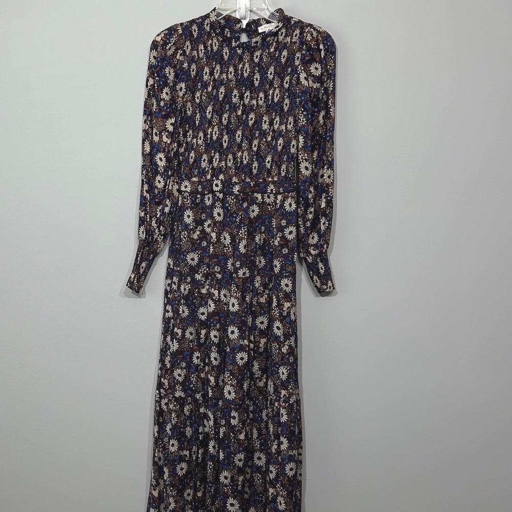 By the River Floral Maxi Dress Women XS Blue Brown Smocked Mock Neck Long Sleeve
